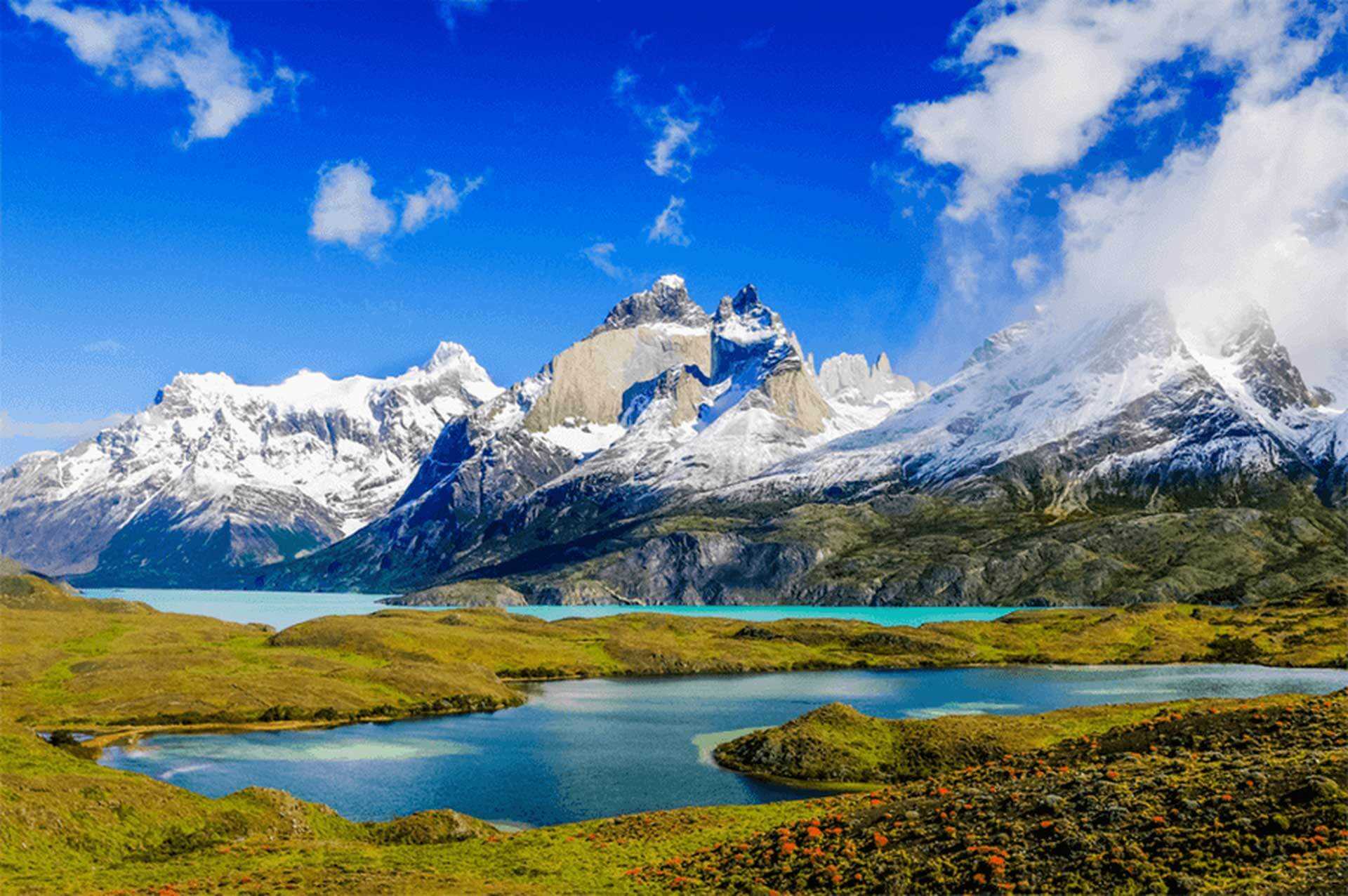 Rugged, dramatic mountains and a lake in Patagonia.